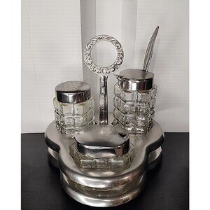 Vintage 1960s Soviet USSR Stainless steel Glass Spice Rack Table set pepper salt